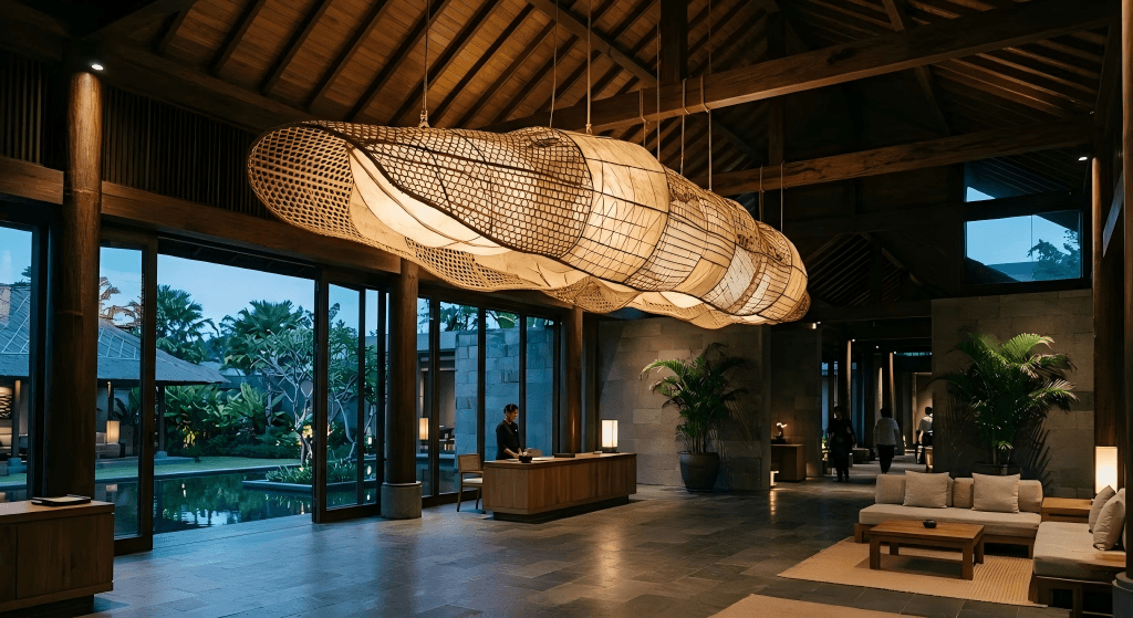 Resort lobby with woven bespoke lighting installation